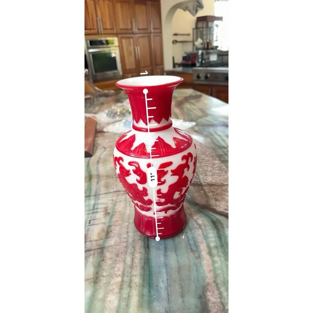 1900's Chinese Ruby Red Overlay Peking Glass Cover 12” Vase Koi